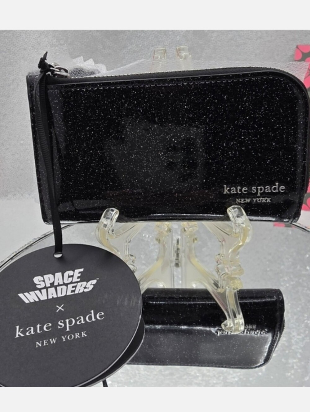 Space Invaders Kate Spade New York Glitter Black Patent Leather Sm Bifold Wallet